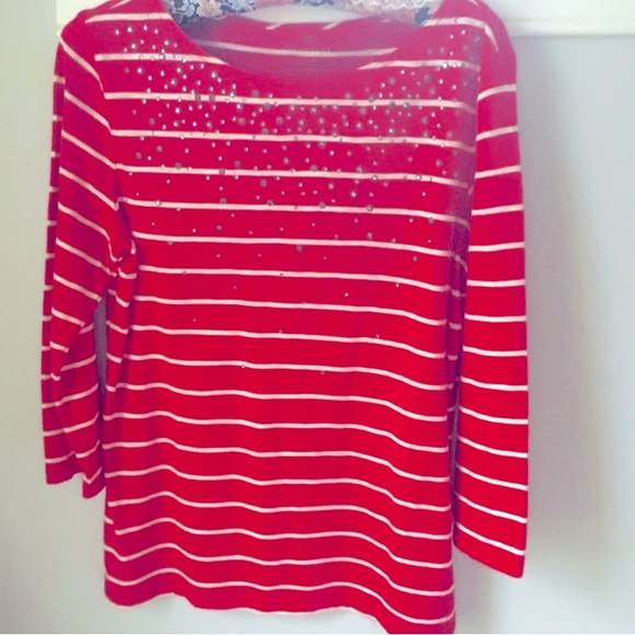 3/$20 Talbots red & white striped 3/4 sleeve top w/ embellishments. - Picture 1 of 4